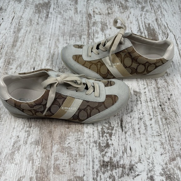Coach | Women's 8B Vintage Kelson Monogram Brown Canvas Cream Suede Sneakers - Picture 1 of 9